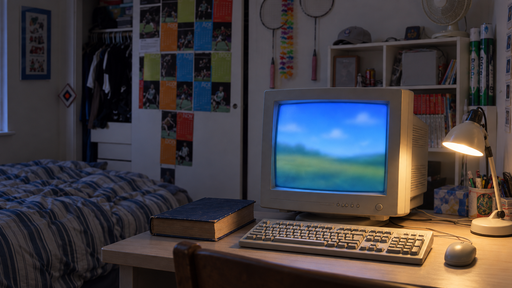 A recreation of Alex’s old bedroom: sports calendars on the closet, badminton rackets, white shelving, striped bedding, and a beige computer and keyboard